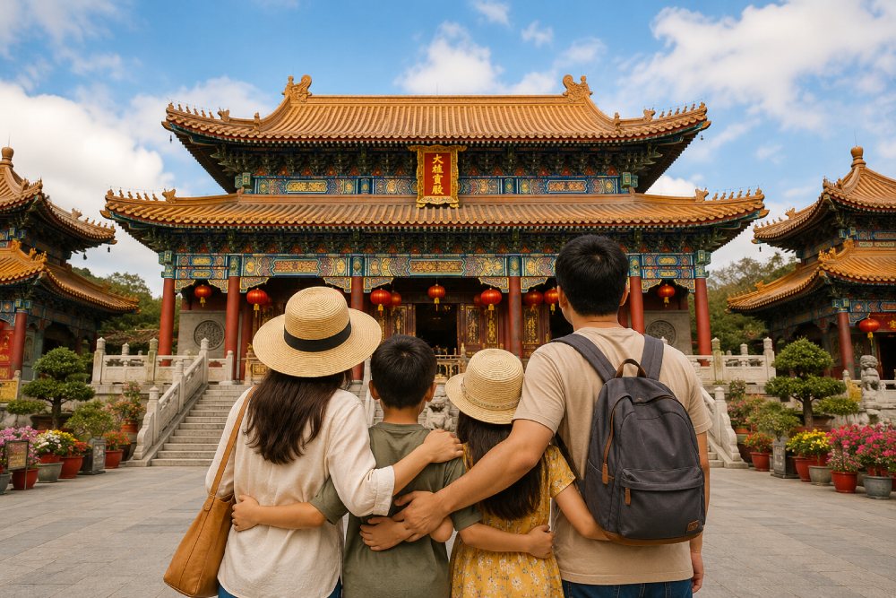 Familia maravillada con un templo chino