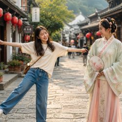 tradicional vestimenta en contraste con la modernidad de la cultura China